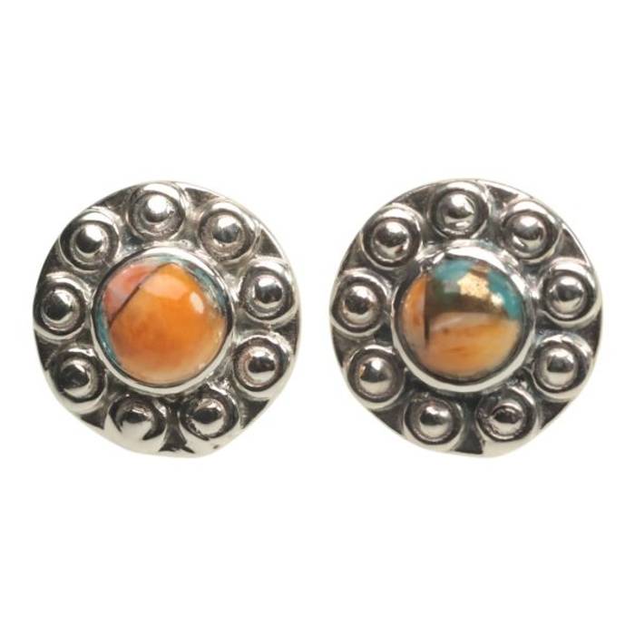 Sunflower Shape Spiny Oyster Turquoise Stud Earrings - 92.5 Sterling Silver Handmade Jewelry