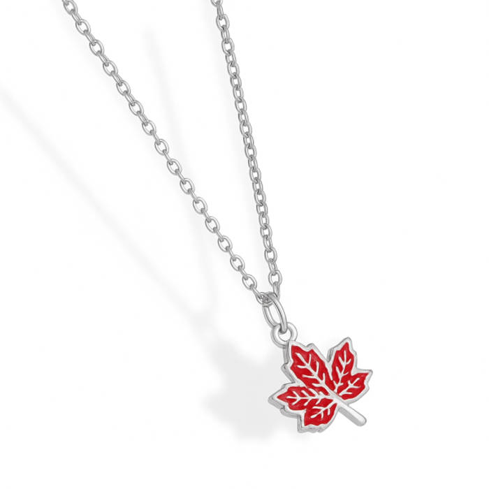 White Gold Plated Maple Leaf Pendant Necklace – Red Enamel Sterling Silver Jewelry for Women - Image 2