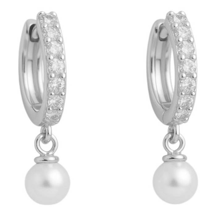 White Gold Pearl Drop Hoop Earrings – Sterling Silver & Cubic Zirconia Luxury Jewelry - Image 2