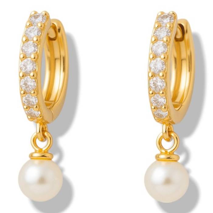 18k Gold Plated Sterling Silver Pearl Drop Hoop Earrings with Cubic Zirconia – Elegant Jewelry for Women – Image 3