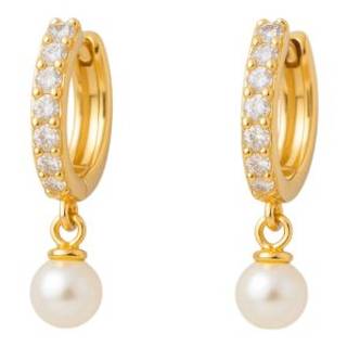 18k Gold Plated Sterling Silver Pearl Drop Hoop Earrings with Cubic Zirconia – Elegant Jewelry for Women
