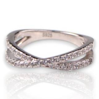Stunning White Gold Plated Crossover Sterling Silver Ring with Sparkling Cubic Zirconia