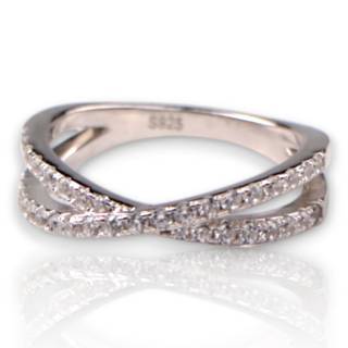 Stunning White Gold Plated Crossover Sterling Silver Ring with Sparkling Cubic Zirconia