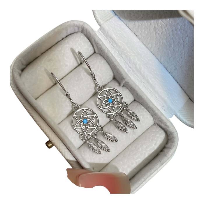 Blue Stone Dreamcatcher Earrings – White Gold Plated Sterling Silver Dangle Jewelry for Women - Image 4
