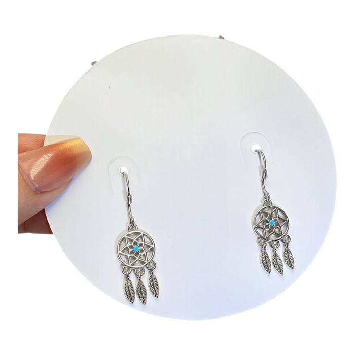 Blue Stone Dreamcatcher Earrings – White Gold Plated Sterling Silver Dangle Jewelry for Women - Image 6