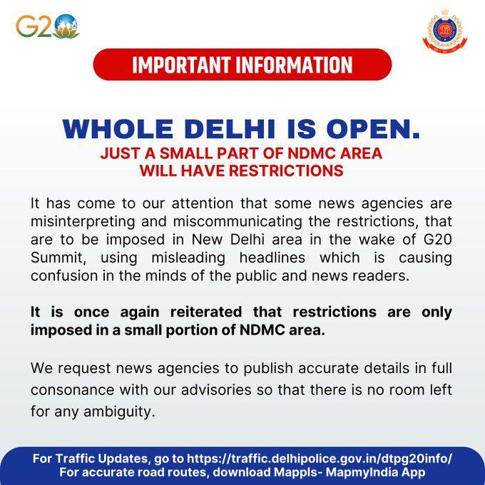 "Delhi Open, Small Part Will Have Restrictions During G20 Summit"