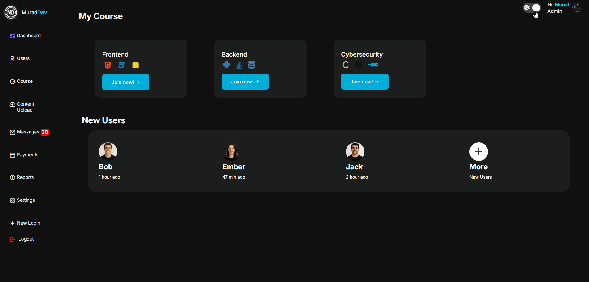 course dark mode dashboard
