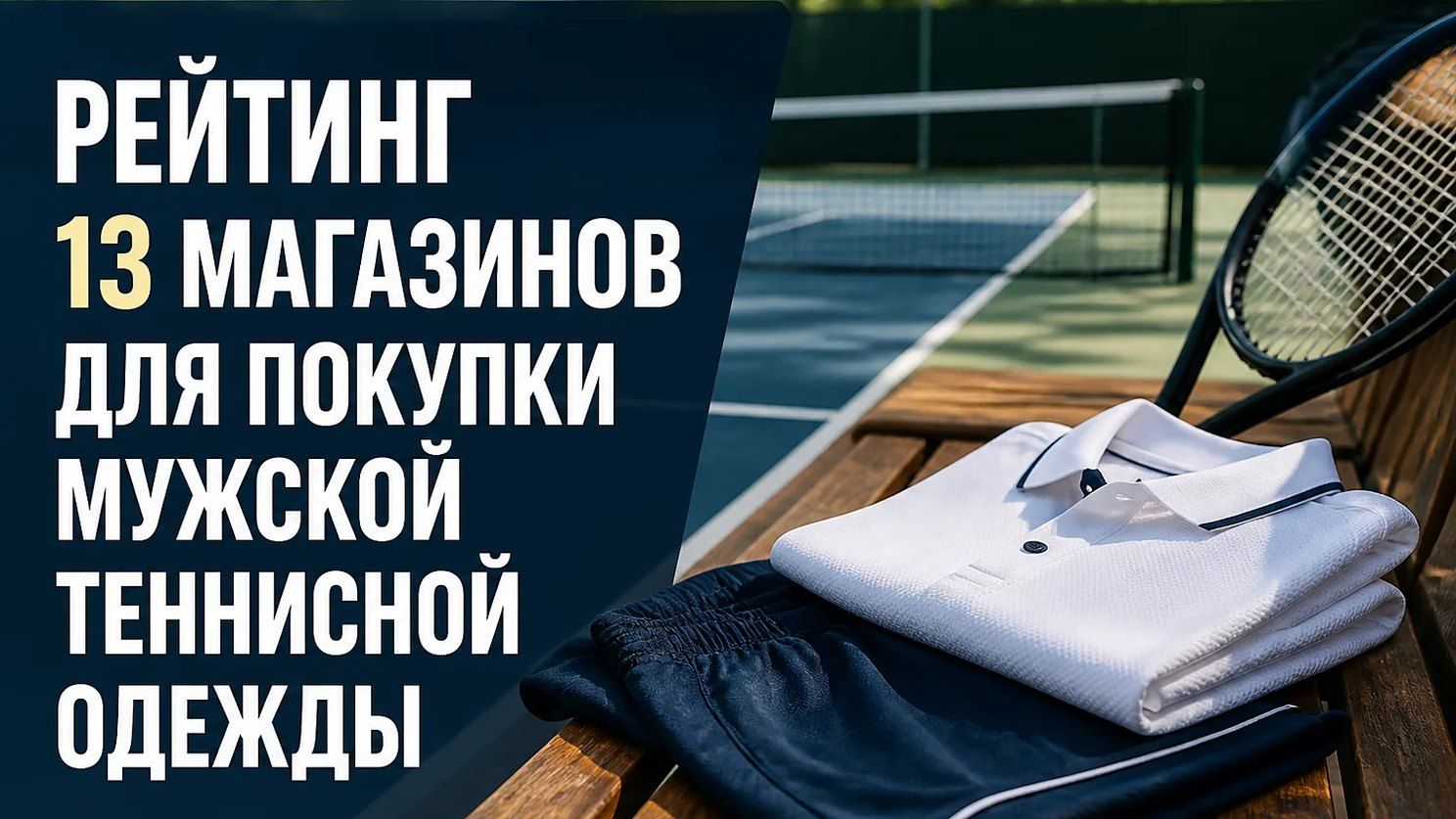 Белая рубашка-поло и темные спортивные шорты с теннисной ракеткой на деревянной скамейке у корта