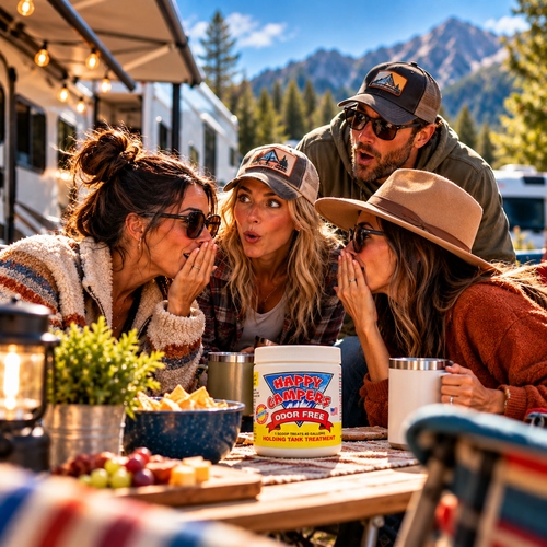 RV campers sharing a funny campsite moment with Happy Campers holding tank treatment