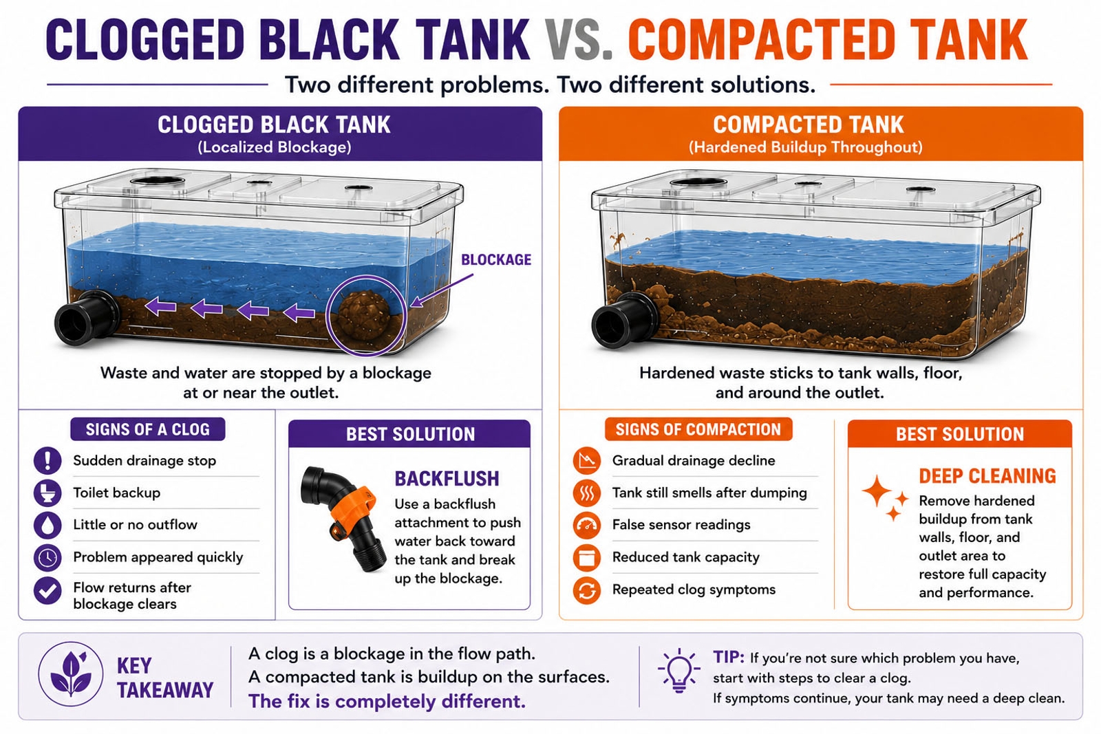 Clogged RV black tank vs compacted tank