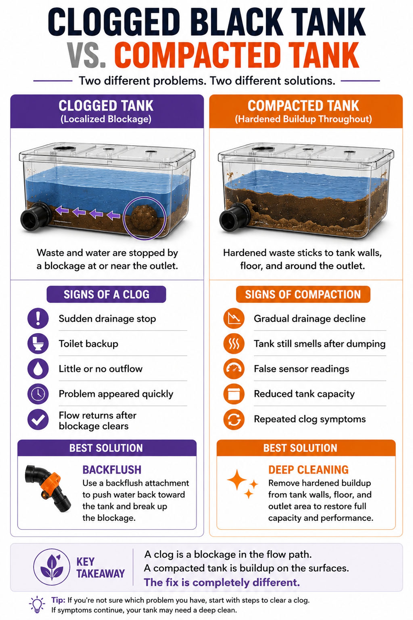 Clogged RV black tank vs compacted tank mobile