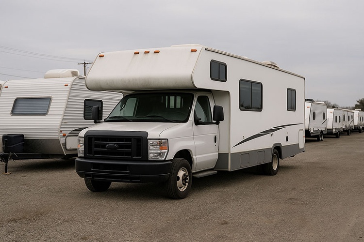 RV parked in winter storage lot with snow and clean tanks ready for spring RV parked in winter storage lot with snow and clean tanks ready for spring