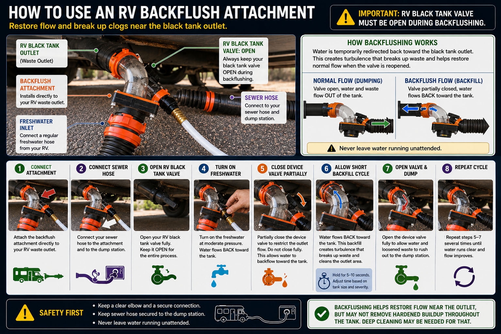 How an RV black tank backflush attachment works