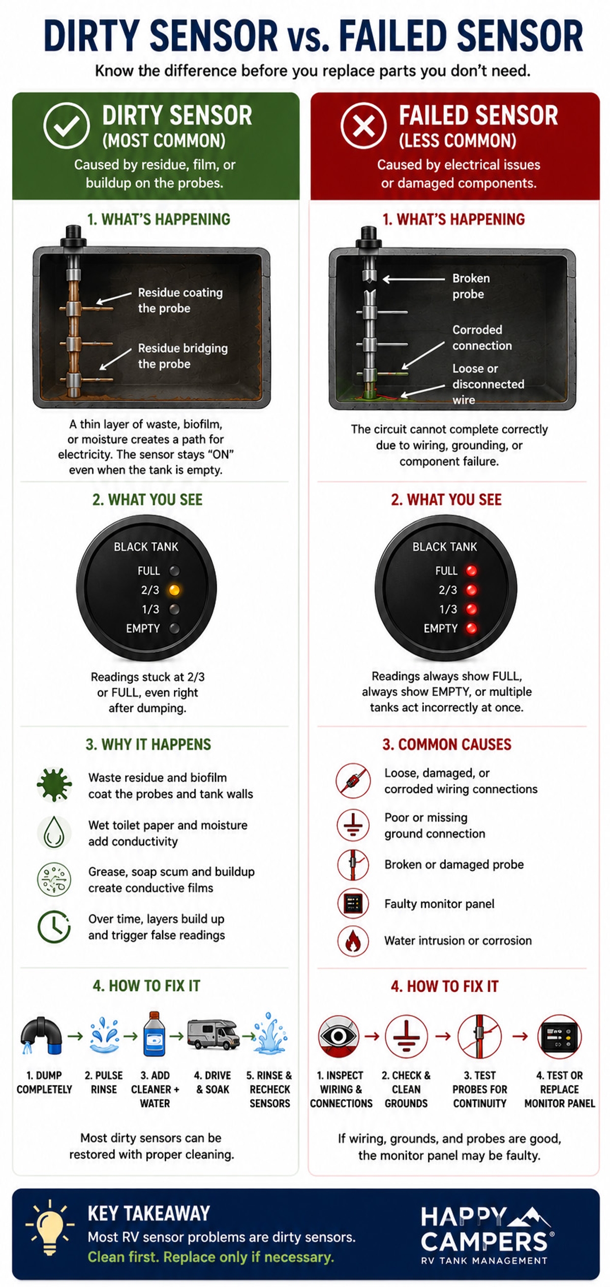 Dirty RV sensor versus failed RV sensor mobile infographic