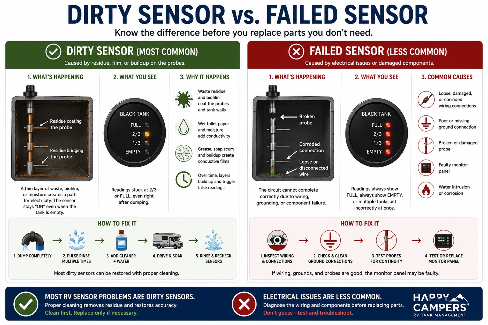Dirty RV sensor versus failed RV sensor desktop infographic