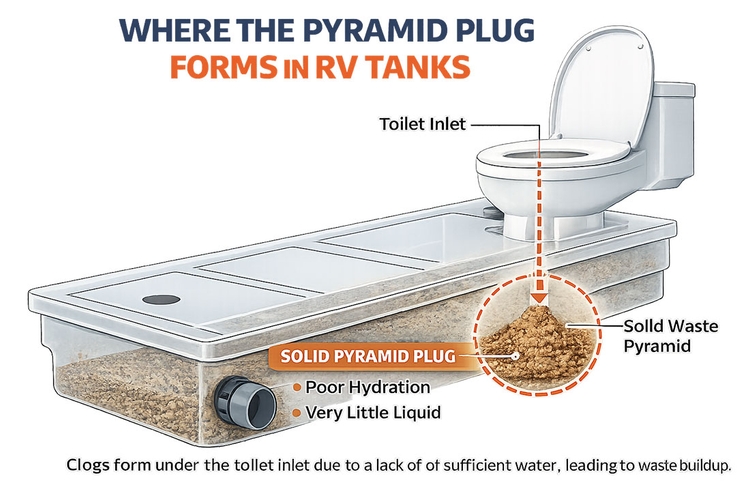 Diagram showing where RV poop pyramids form beneath the toilet inlet inside an RV black tank
