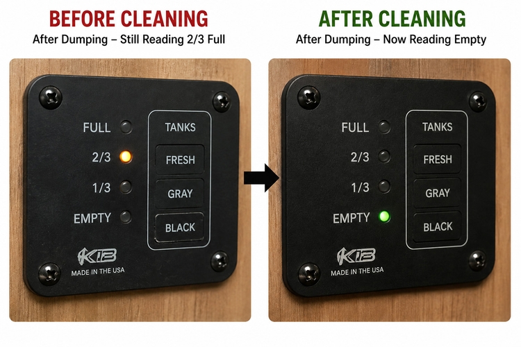 RV black tank sensor stuck at 2/3 full before cleaning and reading empty after cleaning