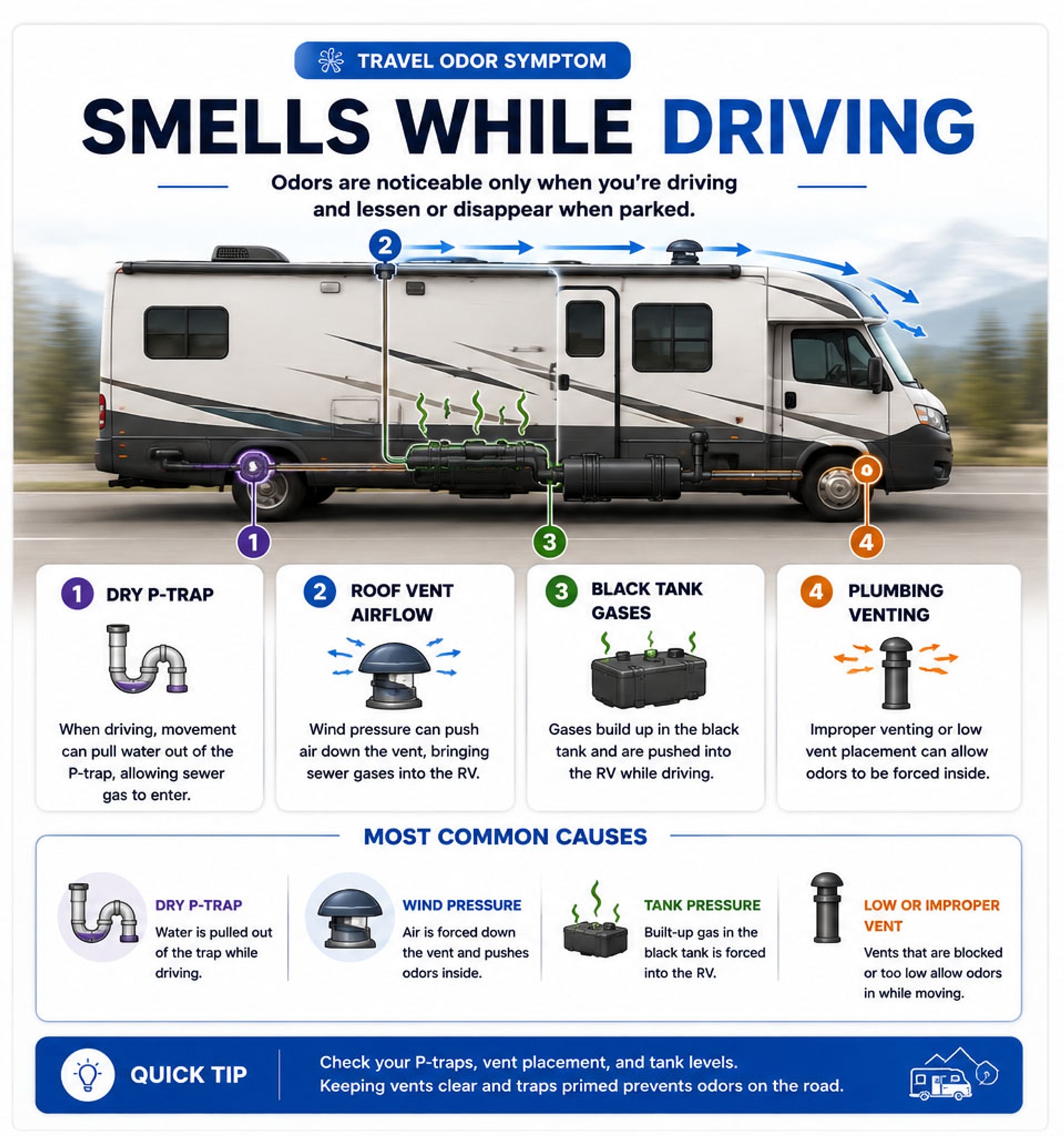 RV smells while driving diagram showing airflow, venting, pressure, and seal related odor problems