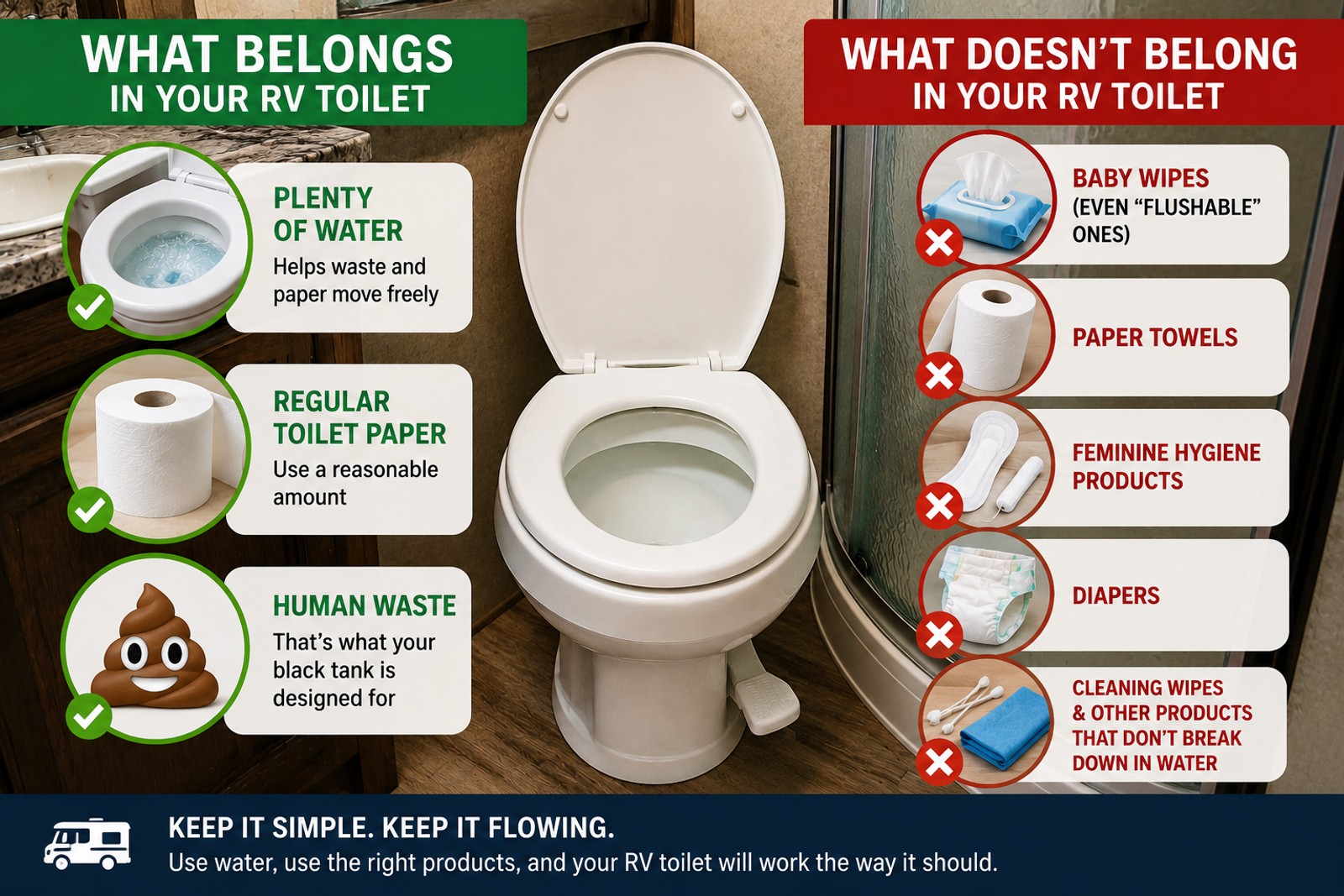 RV toilet infographic showing what belongs in an RV toilet including water, regular toilet paper and human waste, and what should not be flushed