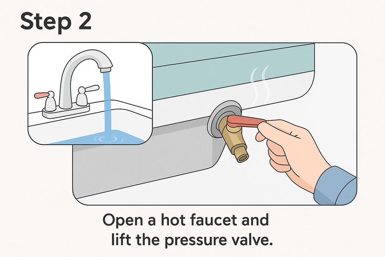 Step 2 diagram showing opening pressure relief valve and running hot water to relieve pressure