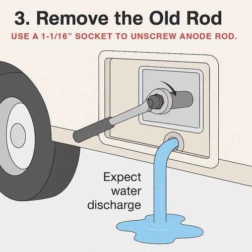 Step 3 diagram showing socket wrench removing anode rod with water flowing out