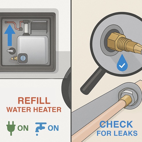 Step 6 diagram showing RV water heater refilling and checking for leaks at drain area