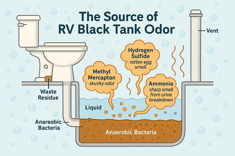 Diagram showing RV black tank cross-section with waste layers and odor gases like hydrogen sulfide rising through vent Diagram showing RV black tank cross-section with waste layers and odor gases like hydrogen sulfide rising through vent