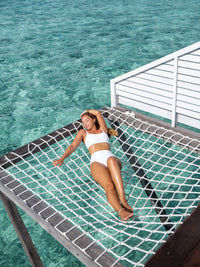 lady wearing white high waisted bikini | white