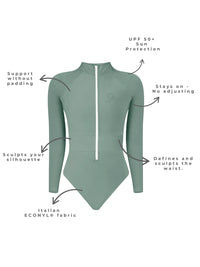 long sleeve swimsuit in olive green cut out
