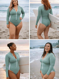 green olive long sleeve one piece swimsuit on beach in different sizes