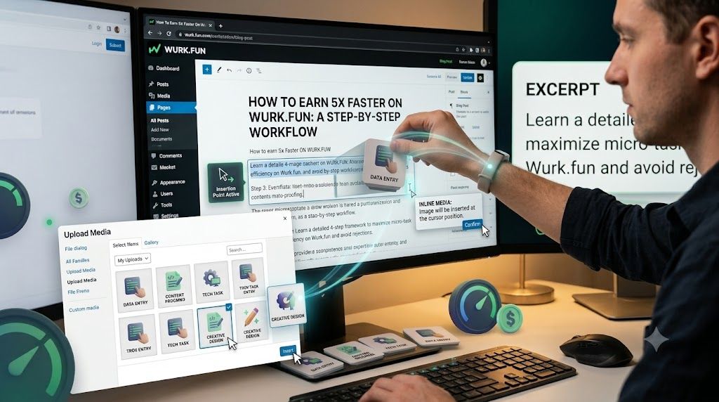 A creator editing a Wurk blog post on a monitor while uploading and inserting inline media assets directly into the article body text.