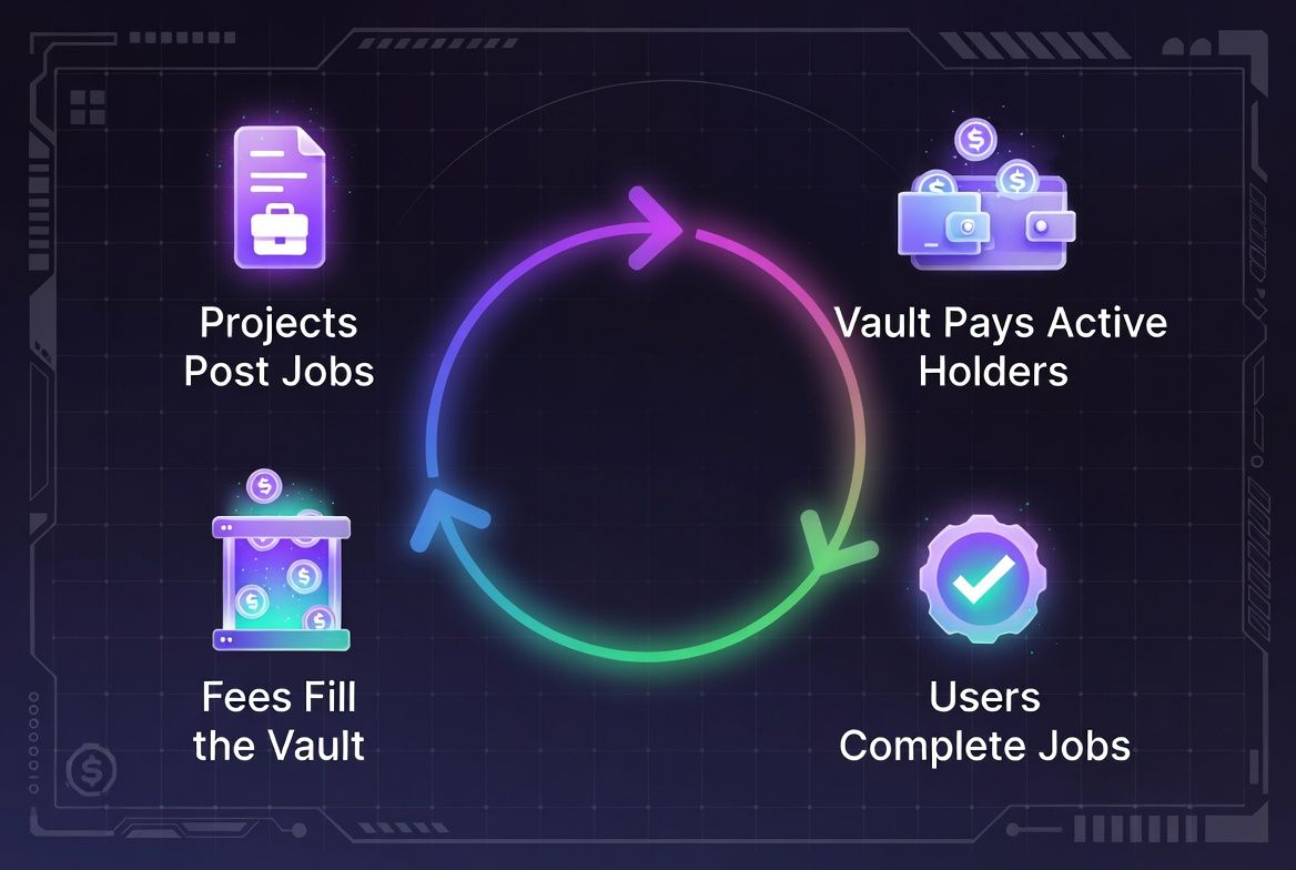 Wurk Vault reward cycle diagram showing how fees flow from jobs to holders
