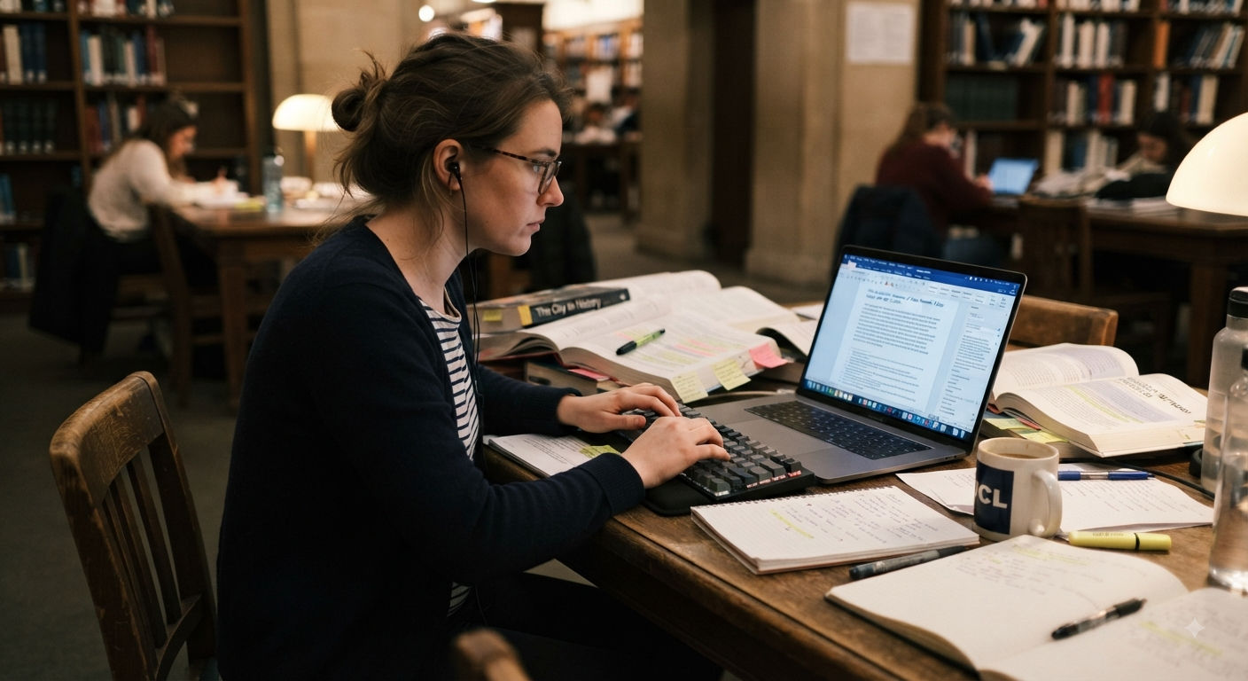 A woman working on a laptop in a library