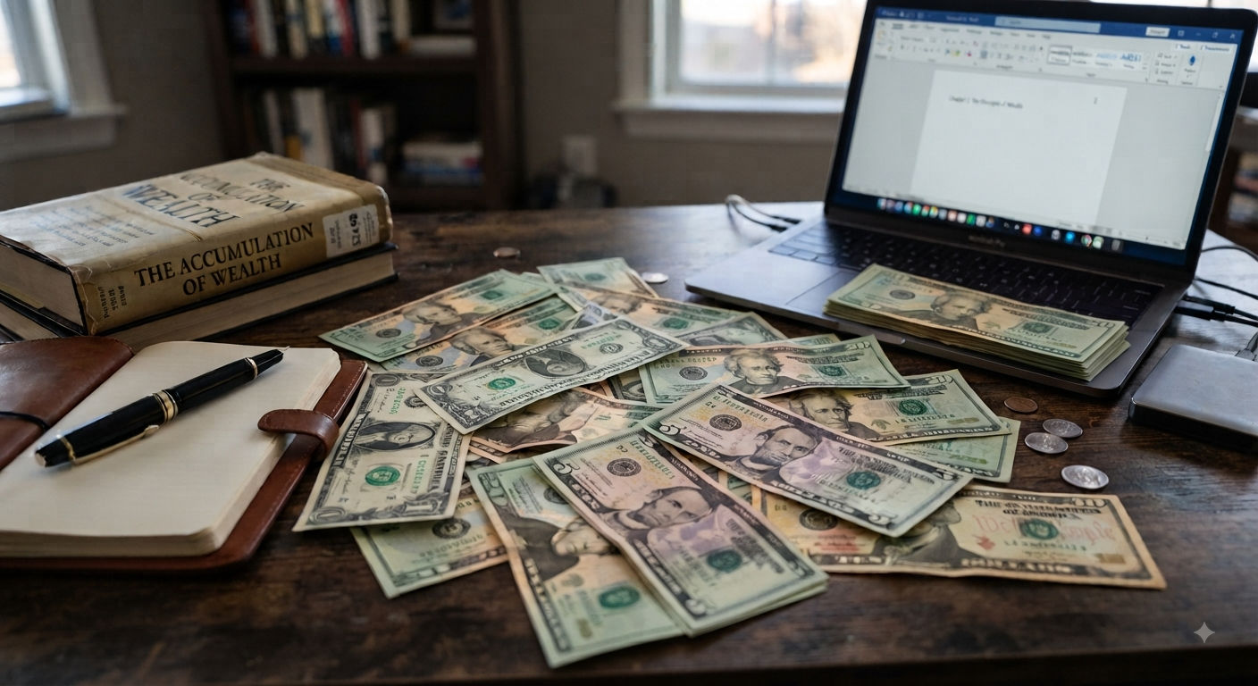 Laptop and cash on a table