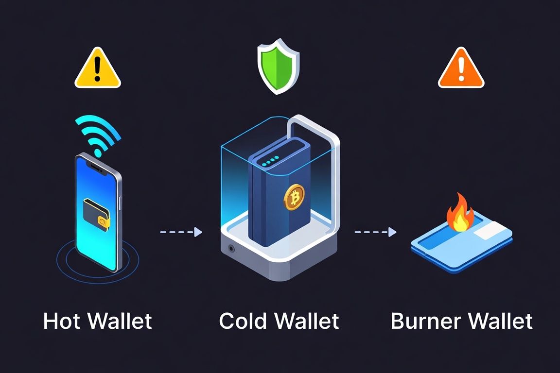 A clean comparison diagram showing three types of cryptocurrency wallets