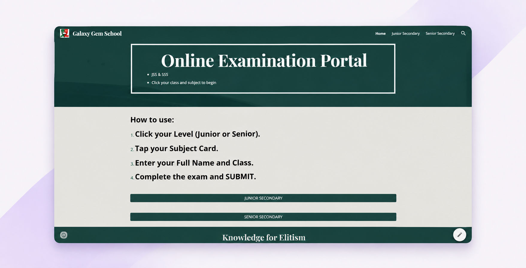 This was the finished portal. Students started here, chose Junior or Senior Secondary, selected a subject and opened the exam.