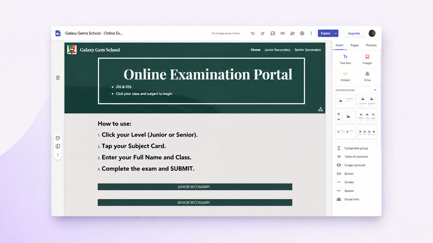 The Google Sites editor I used to arrange the text, buttons, images and different sections of the portal