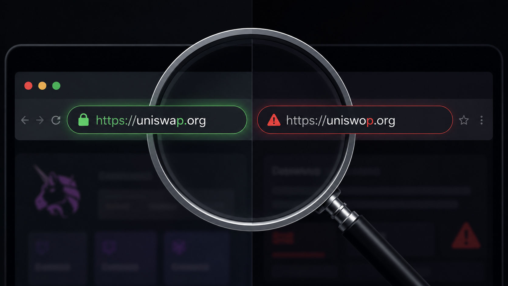 A fake URL right below it (e.g., https://uniswop.org or https://uniswap-exchange.com)