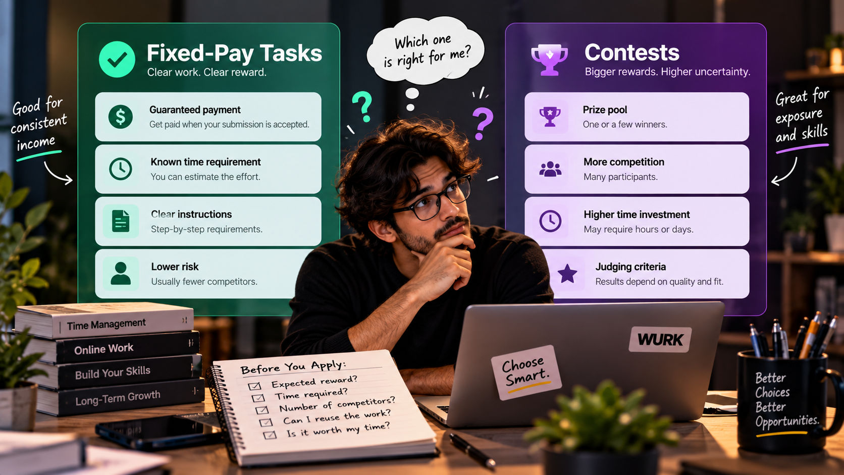Infographic comparing fixed-pay tasks and contests by rewards, time commitment, competition, and judging criteria.