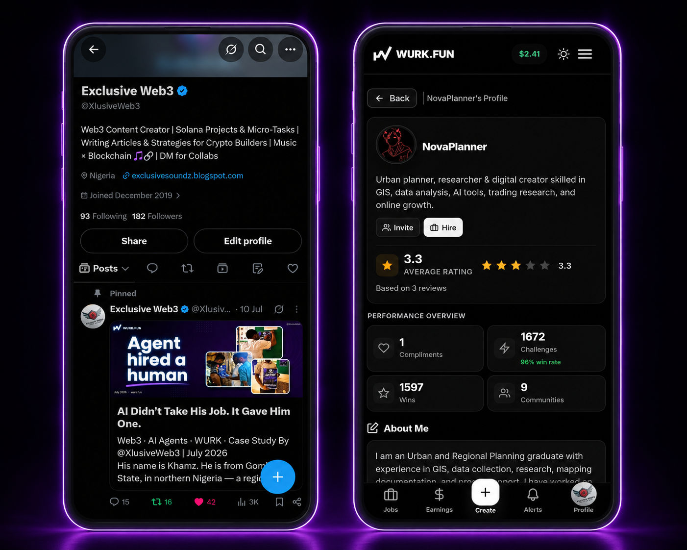 The process in action. Left: the article that got 3K views and WURK team engagement. Right: the win rate that proves the process works