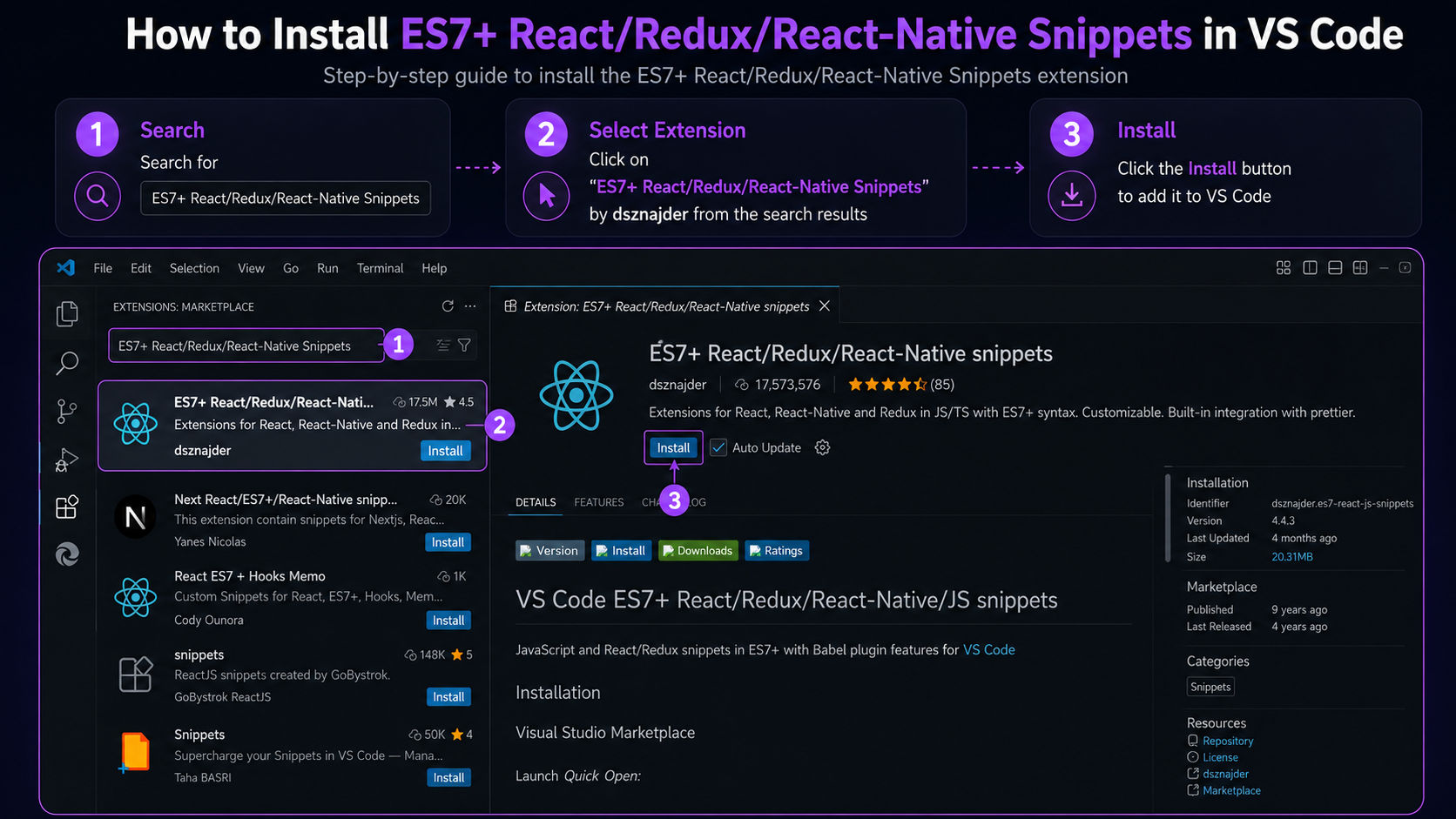 ES7+ React/Redux/React-Native Snippets Installation