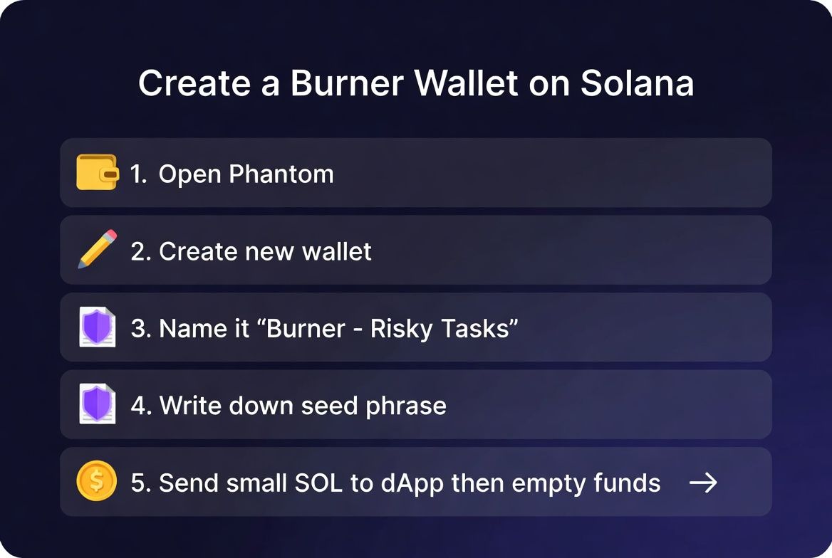 Step-by-step visual guide to creating a burner wallet on Solana in Phantom wallet.