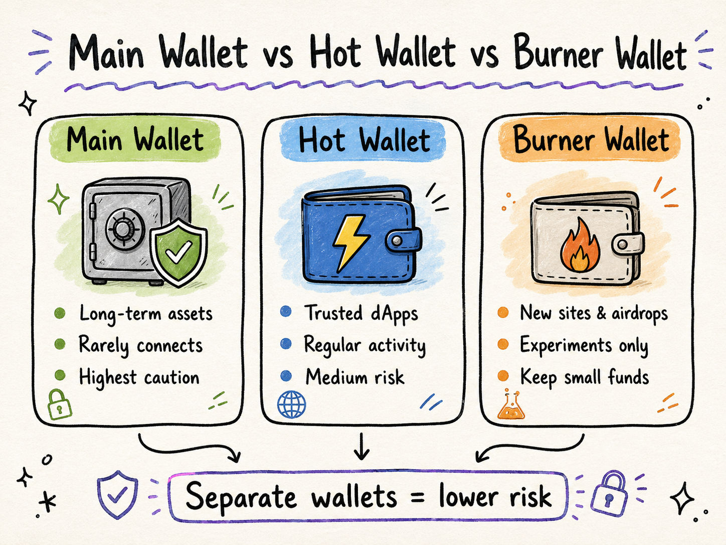 Doodle infographic comparing main wallet, hot wallet, and burner wallet for safer Web3 activity.