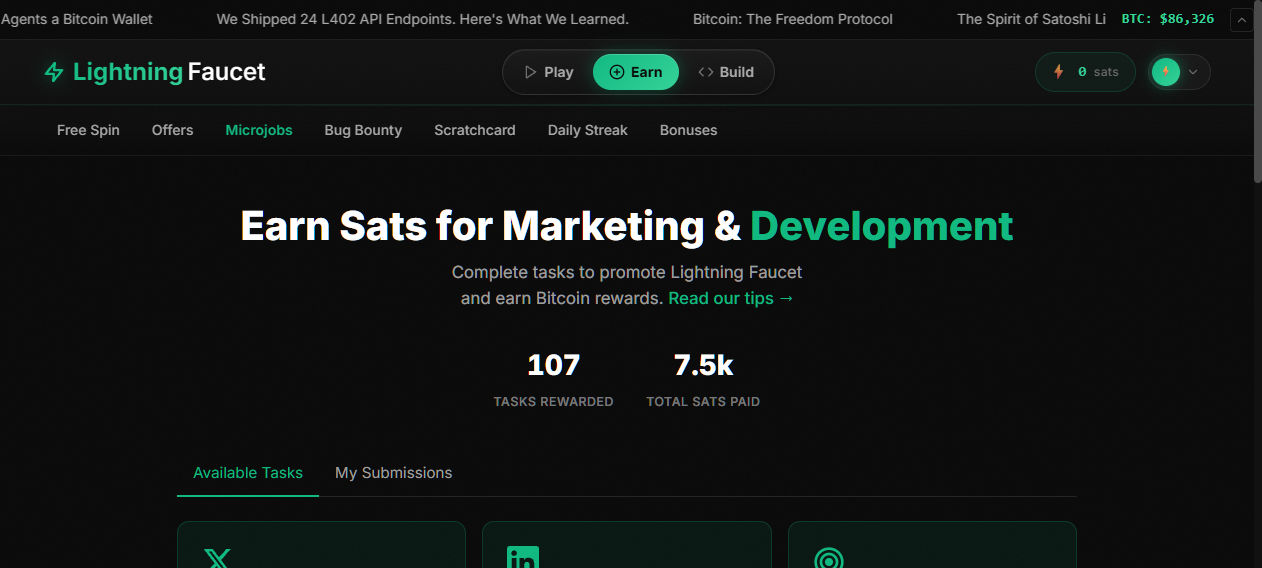 Lightning Faucet microjobs page showing current task types and reward ranges