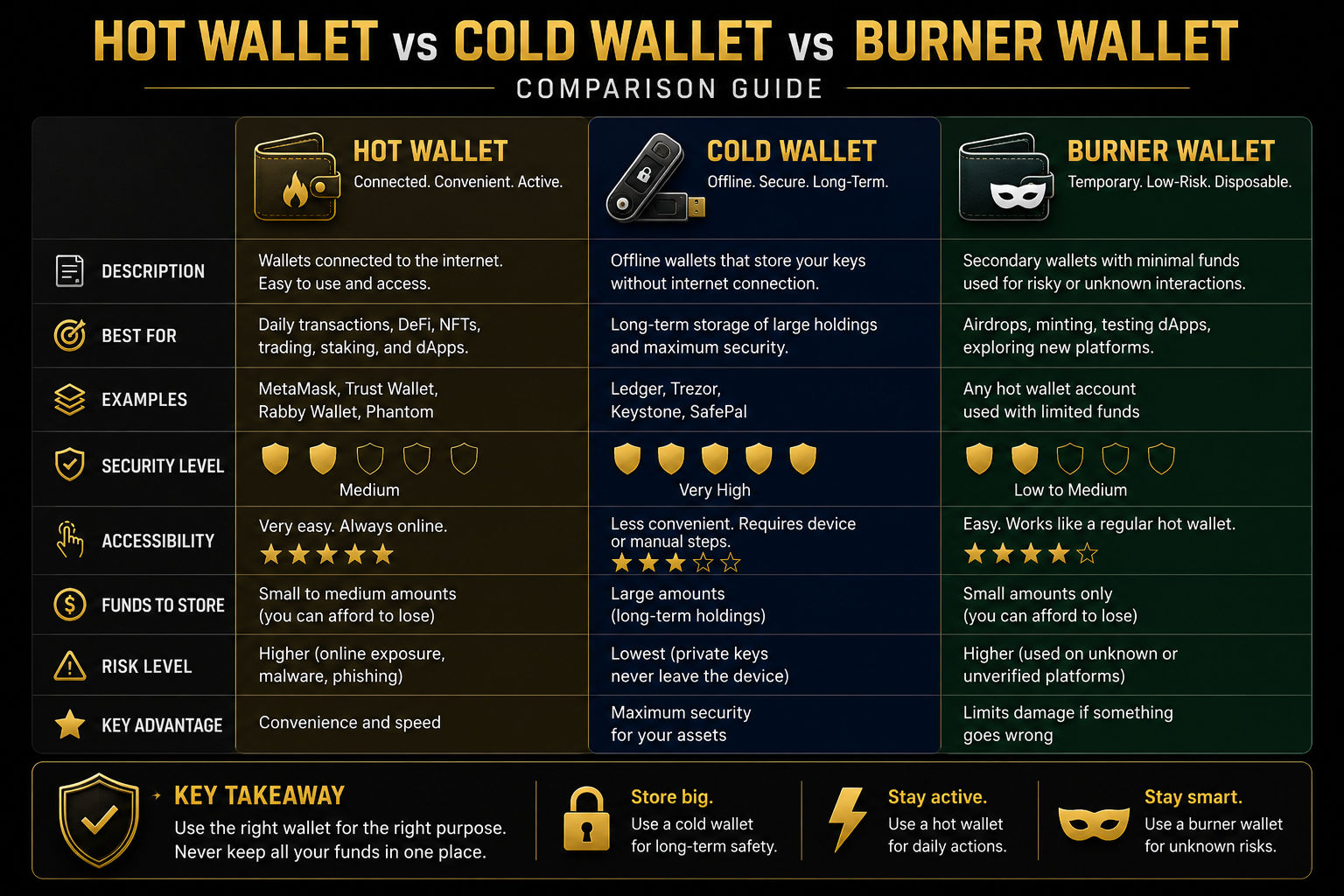 ### Hot Wallet vs Cold Wallet vs Burner Wallet  Not all wallets serve the same purpose in Web3. A hot wallet is connected to the internet
an