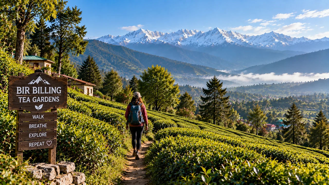 Walking through tea gardens near Bir