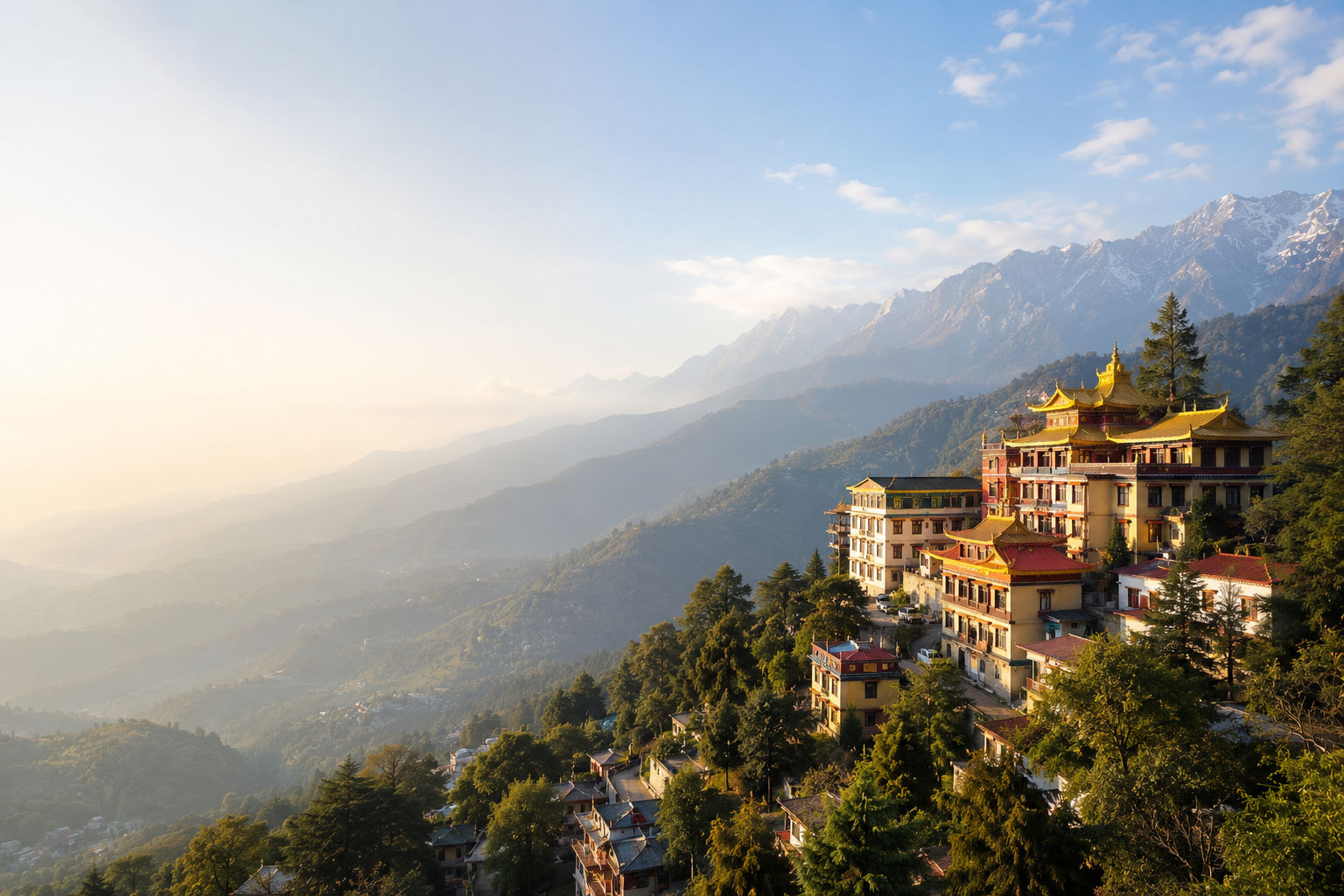 Dharamshala surrounded by the Dhauladhar mountains in Himachal Pradesh