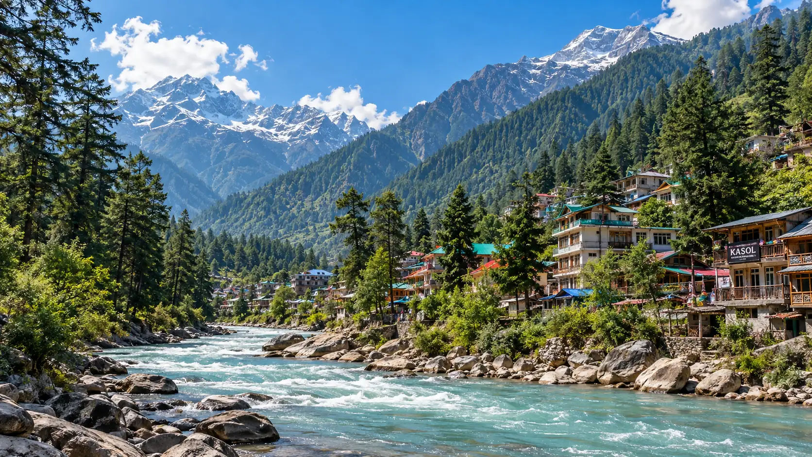 Kasol village in Parvati Valley surrounded by Himalayan mountains