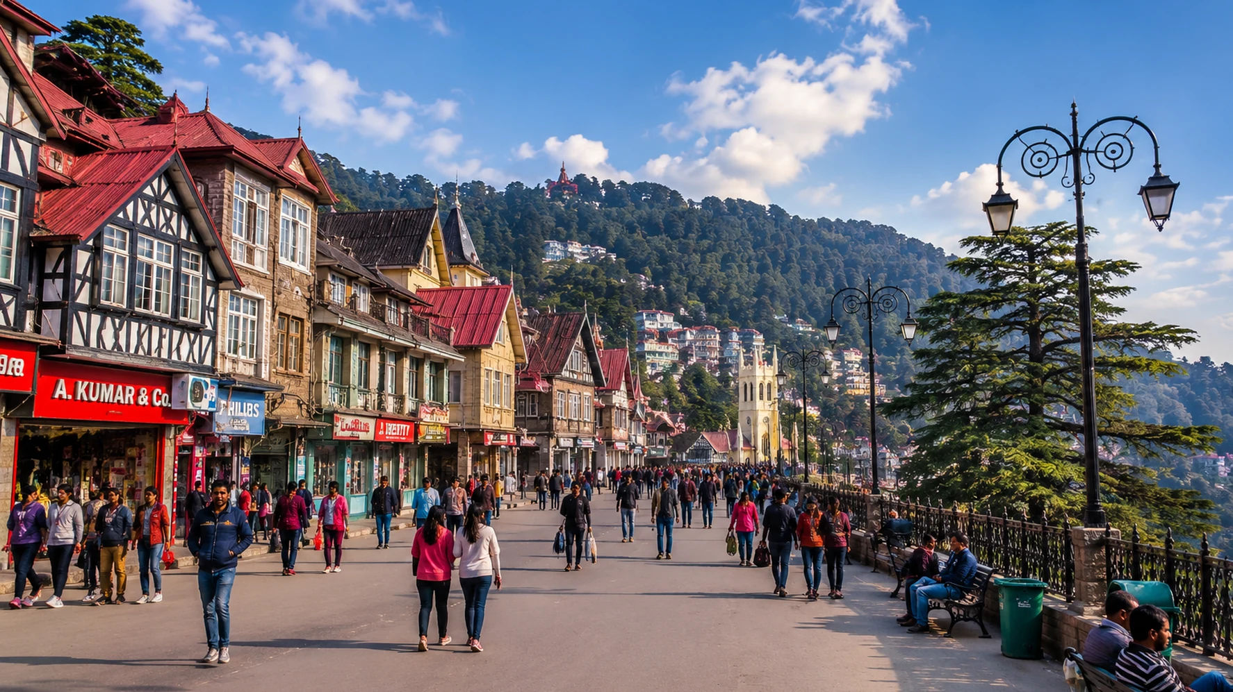 Mall Road Manali with shops restaurants and tourists