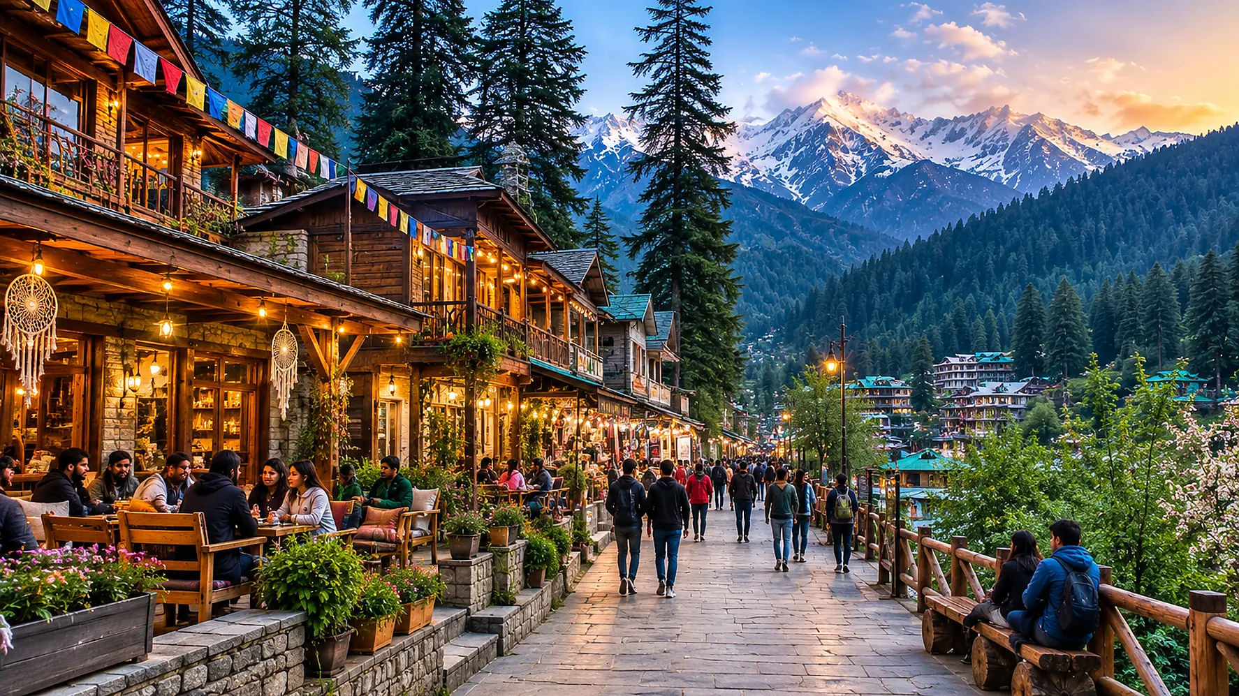 Old Manali village with mountain cafés and traditional houses